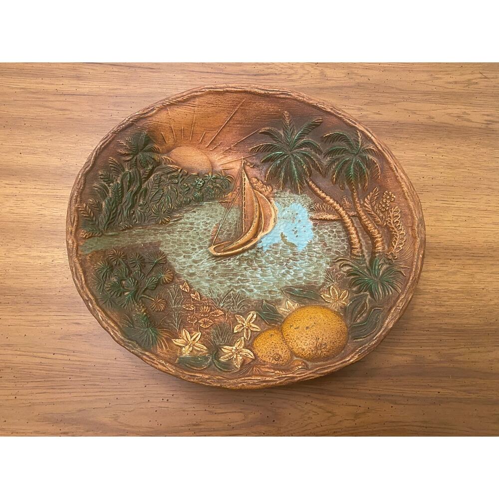 Vintage 1958 Island‎ Tropical Wall Plaque Sailboat Palms Lemons 12” Mid-Century